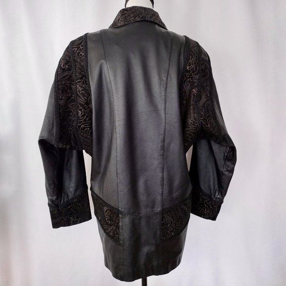 Vintage 1980s Black Leather & Suede Oversized Double Breasted Coat M /L - Picture 5 of 14